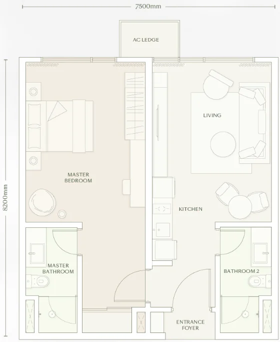 Parkside Type B floor plan, 689 sq ft